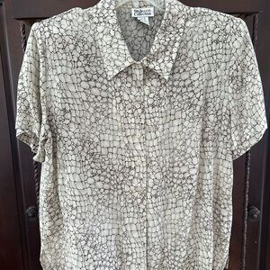 Style & Co. Silk Button Front Short Sleeved Shirt with Cream and Brown Pattern